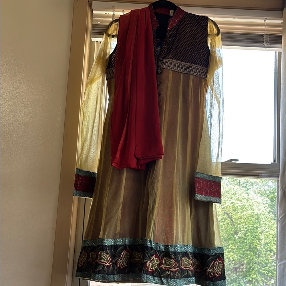 Elegant Yellow and Red Embroidered Dress